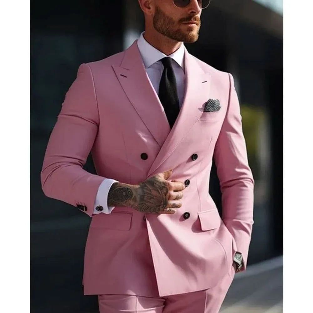 Korean style slim fit men's two-piece suit in grey, business casual cut with adhesive interlining construction.
