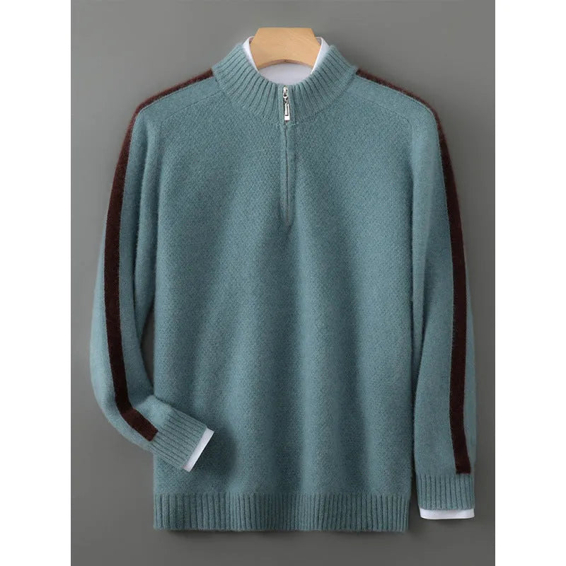 Sheep wool half-height zip knitted sweater in slim fit with round neck
