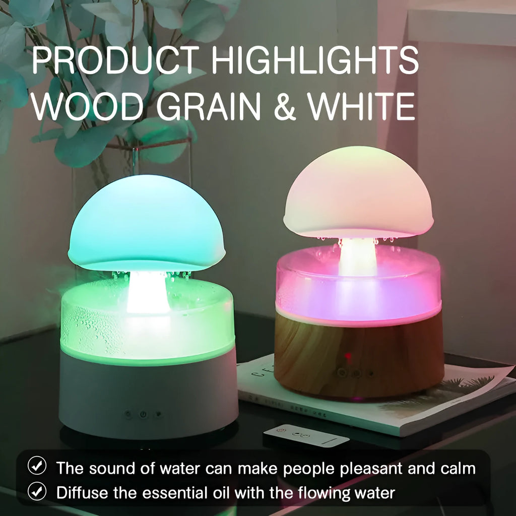 White cloud-shaped ultrasonic humidifier and aroma diffuser with colourful lighting and simulated raindrops