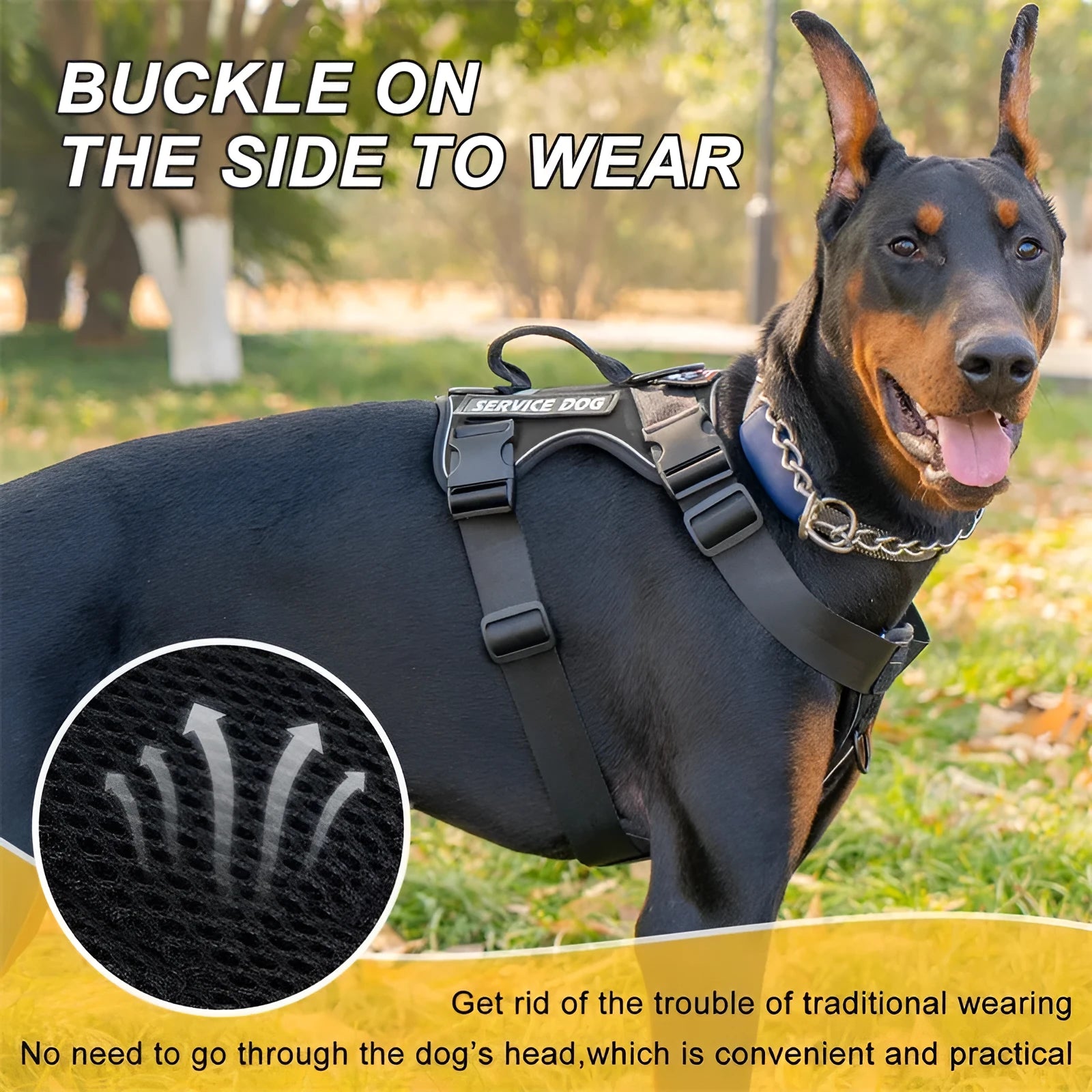 Shock absorption reflective nylon pet tactical chest strap in black with adjustable buckles