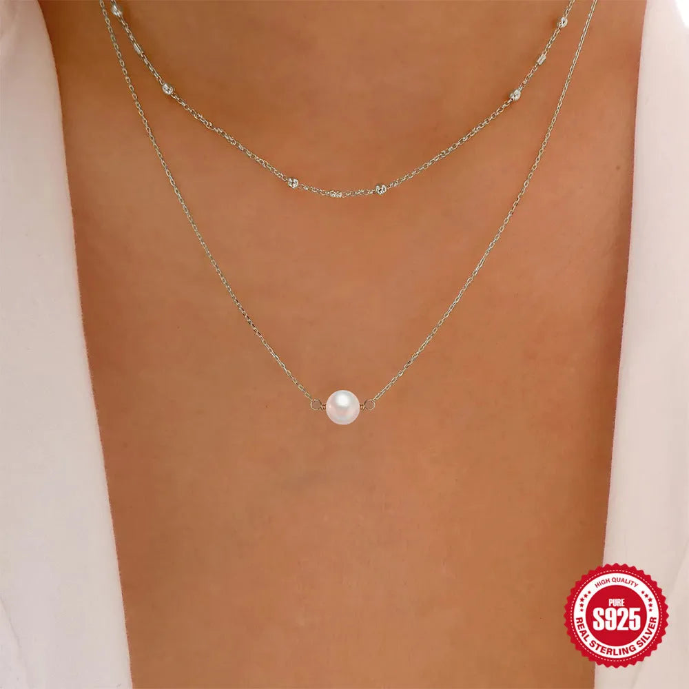 S925 sterling silver double layer necklace with twin geometric pearls in gold or white gold colour options