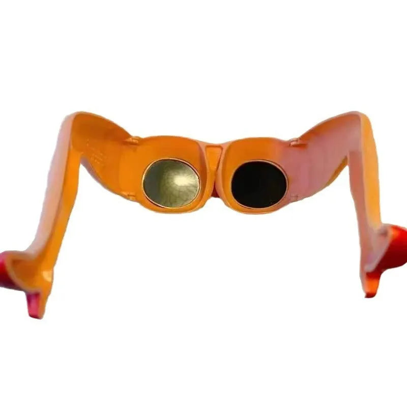 Orange plastic novelty sunglasses with leg and hip design on frame