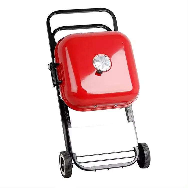 Outdoor courtyard barbecue grill with folding bicycle hand push, 42.5x50cm grill plate, and shelf