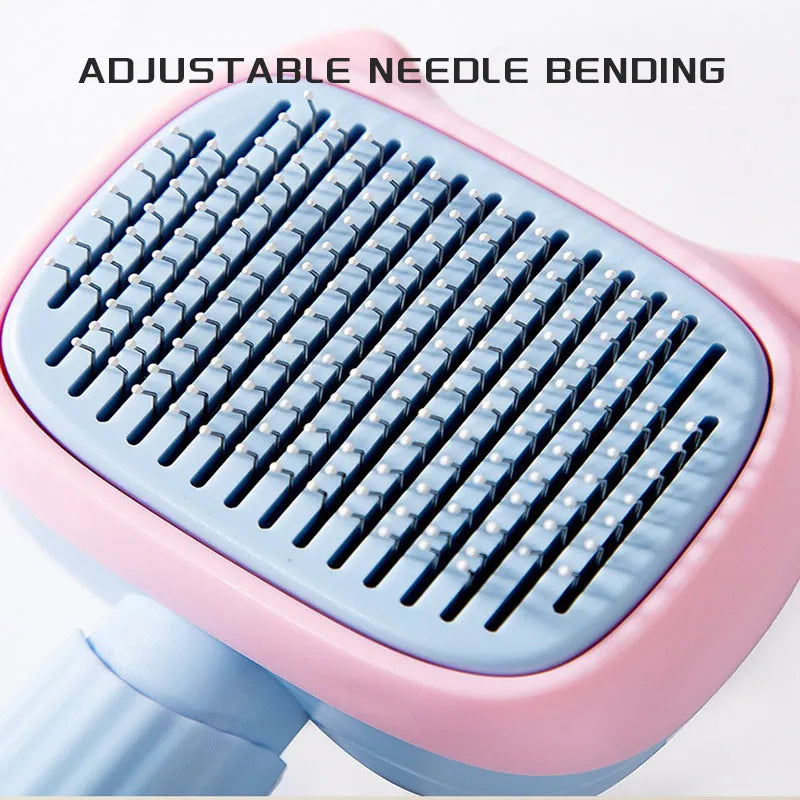 Blue double-sided pet grooming brush with deshedding rake and dematting comb on a wooden surface.