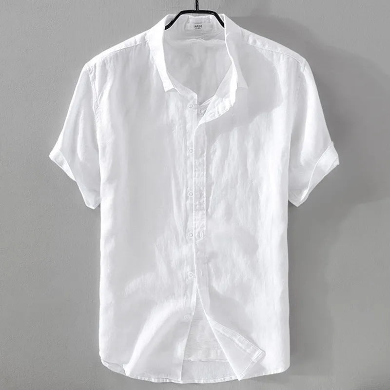 Men's loose fit short sleeve shirt in a cotton linen blend fabric, shown in a solid colour.