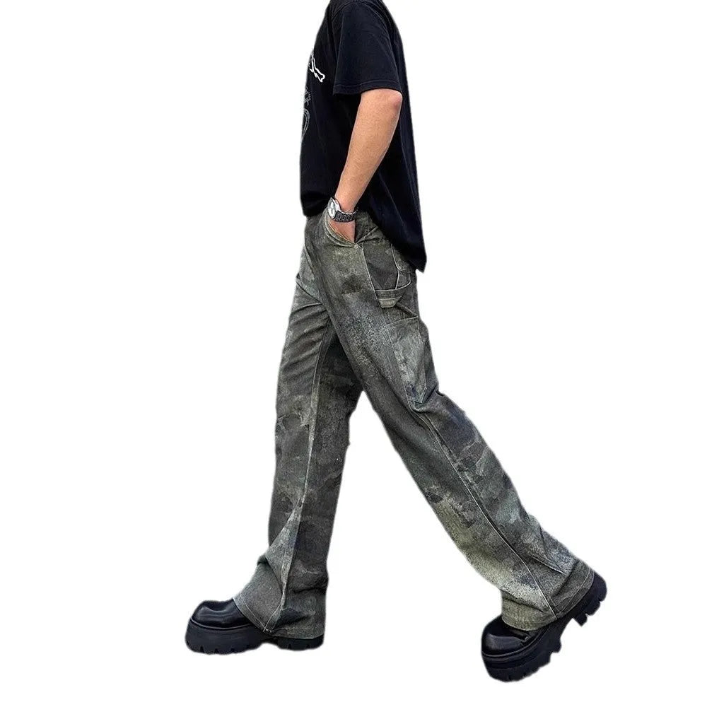 Men's straight leg jeans with digital camouflage pattern in denim fabric