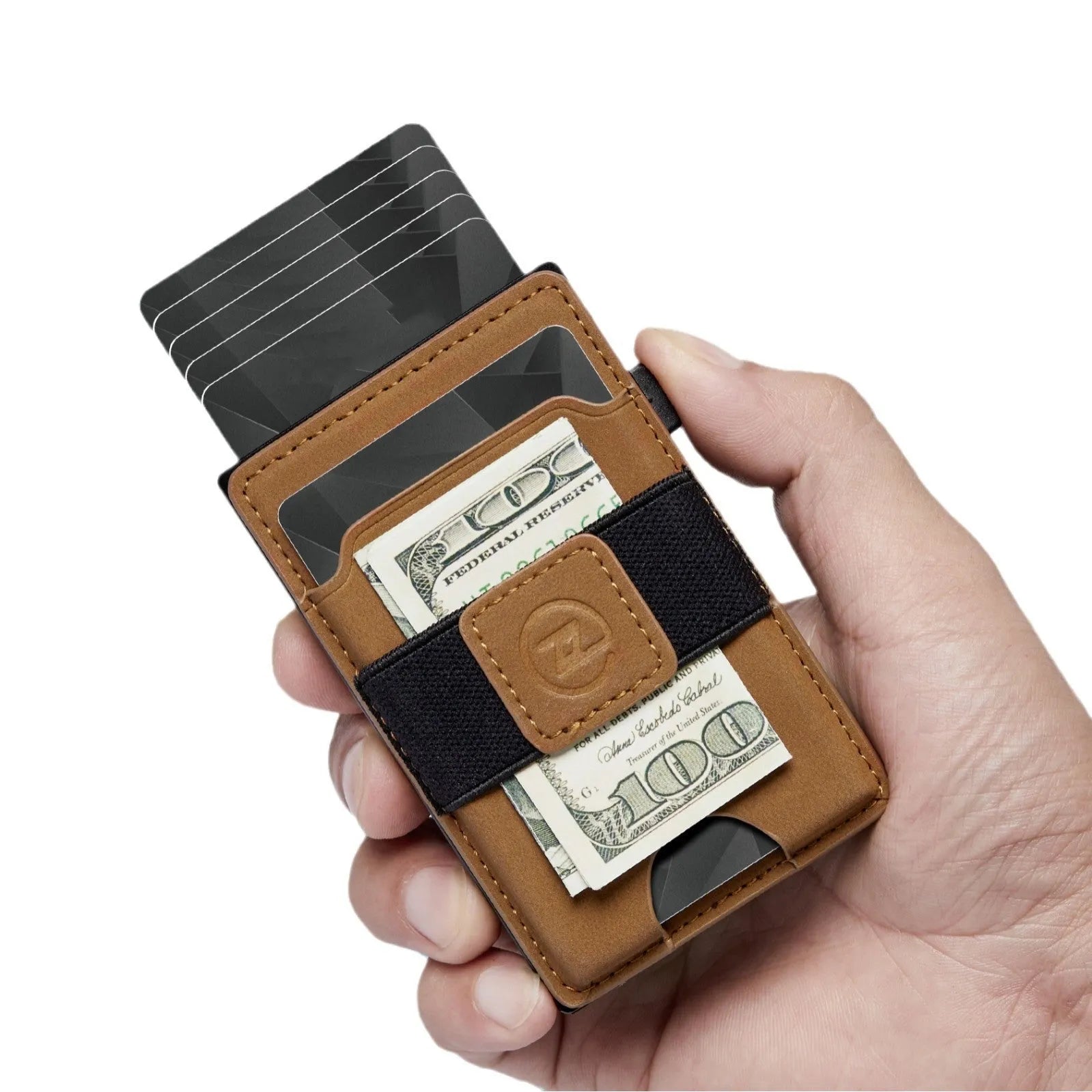 Two-in-one detachable magnetic card holder wallet with automatic cassette in black, brown, and carbon fibre pattern black, PU leather construction.