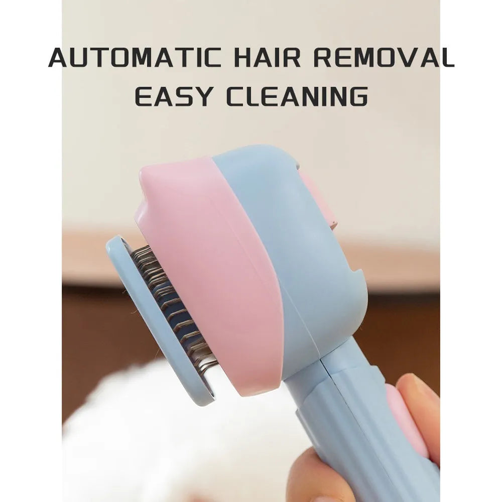 Blue double-sided pet grooming brush with deshedding rake and dematting comb on a wooden surface.