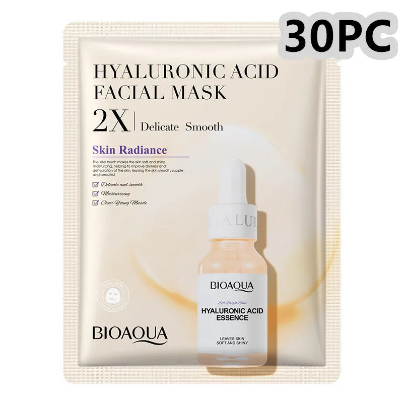 Collagen and Hyaluronic Acid facial sheet mask set with 30g gel formula on white background
