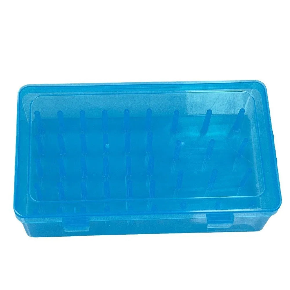 Clear plastic storage box with 42 compartments for embroidery threads and needlework supplies