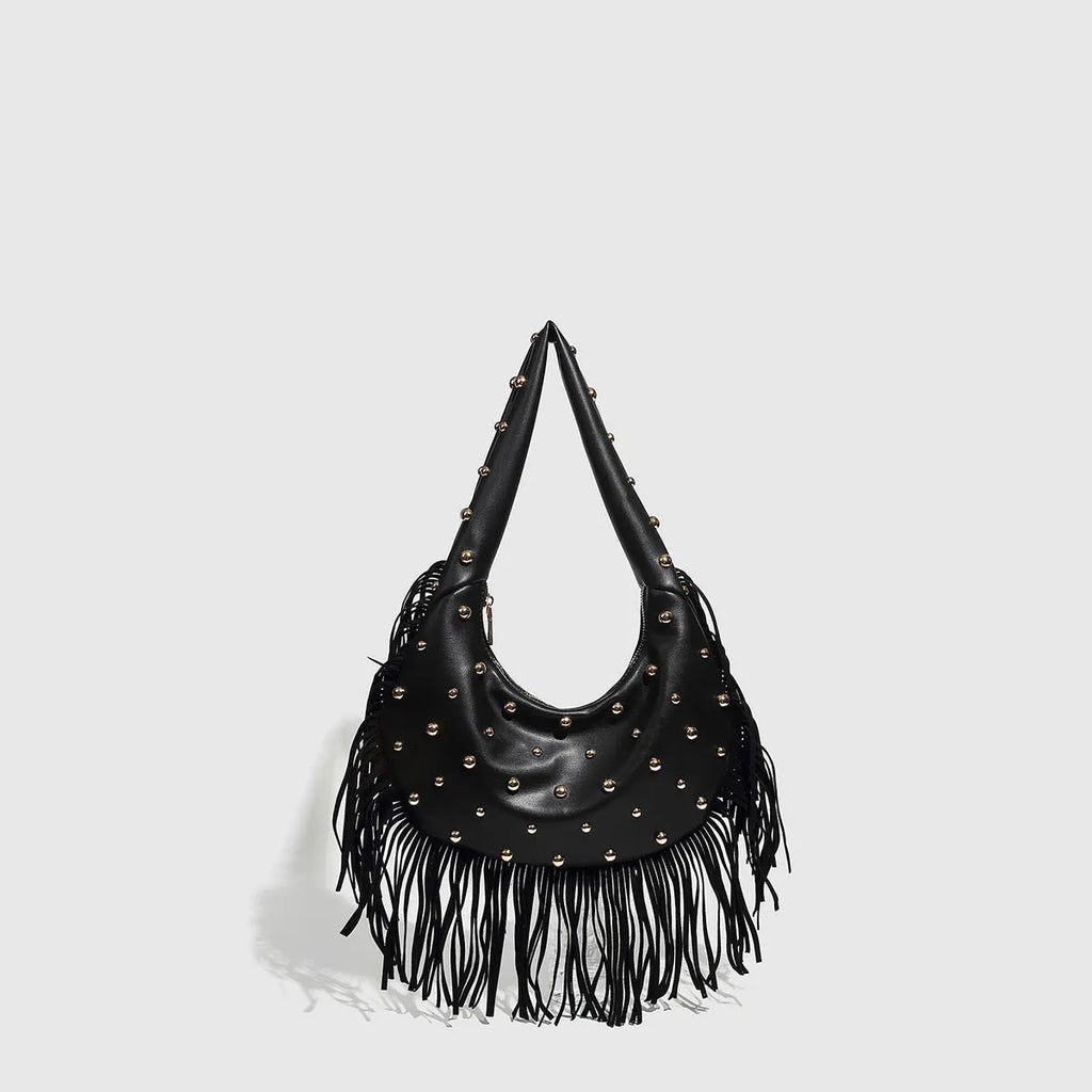 Retro black shoulder handbag with tassel detailing and mobile phone compartment