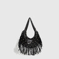 Retro black shoulder handbag with tassel detailing and mobile phone compartment