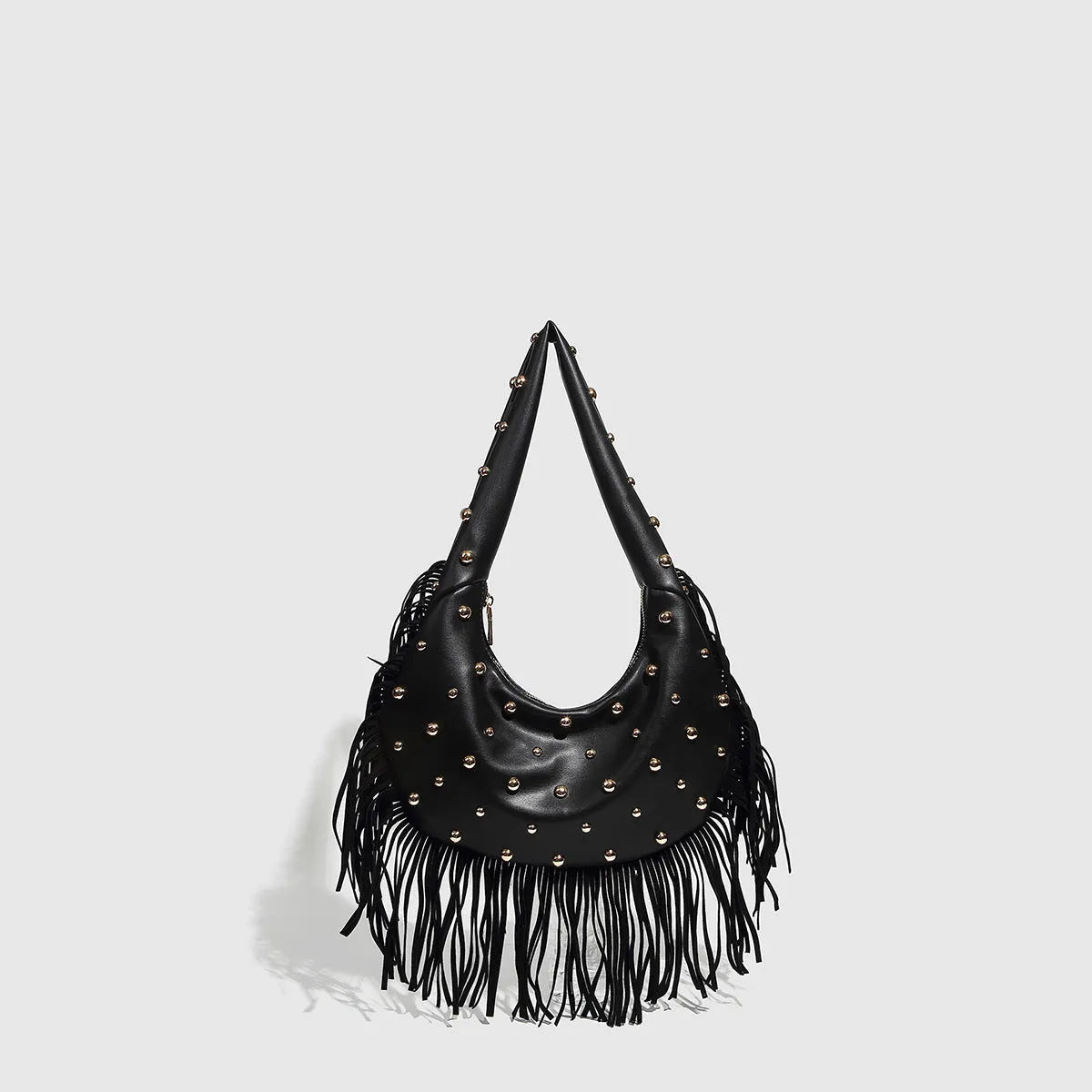 Retro black shoulder handbag with tassel detailing and mobile phone compartment