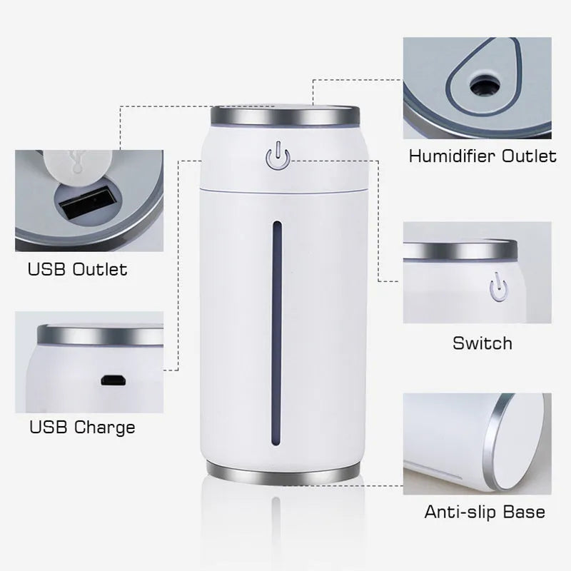 220ml mini USB car humidifier in black with transparent water tank and USB cord