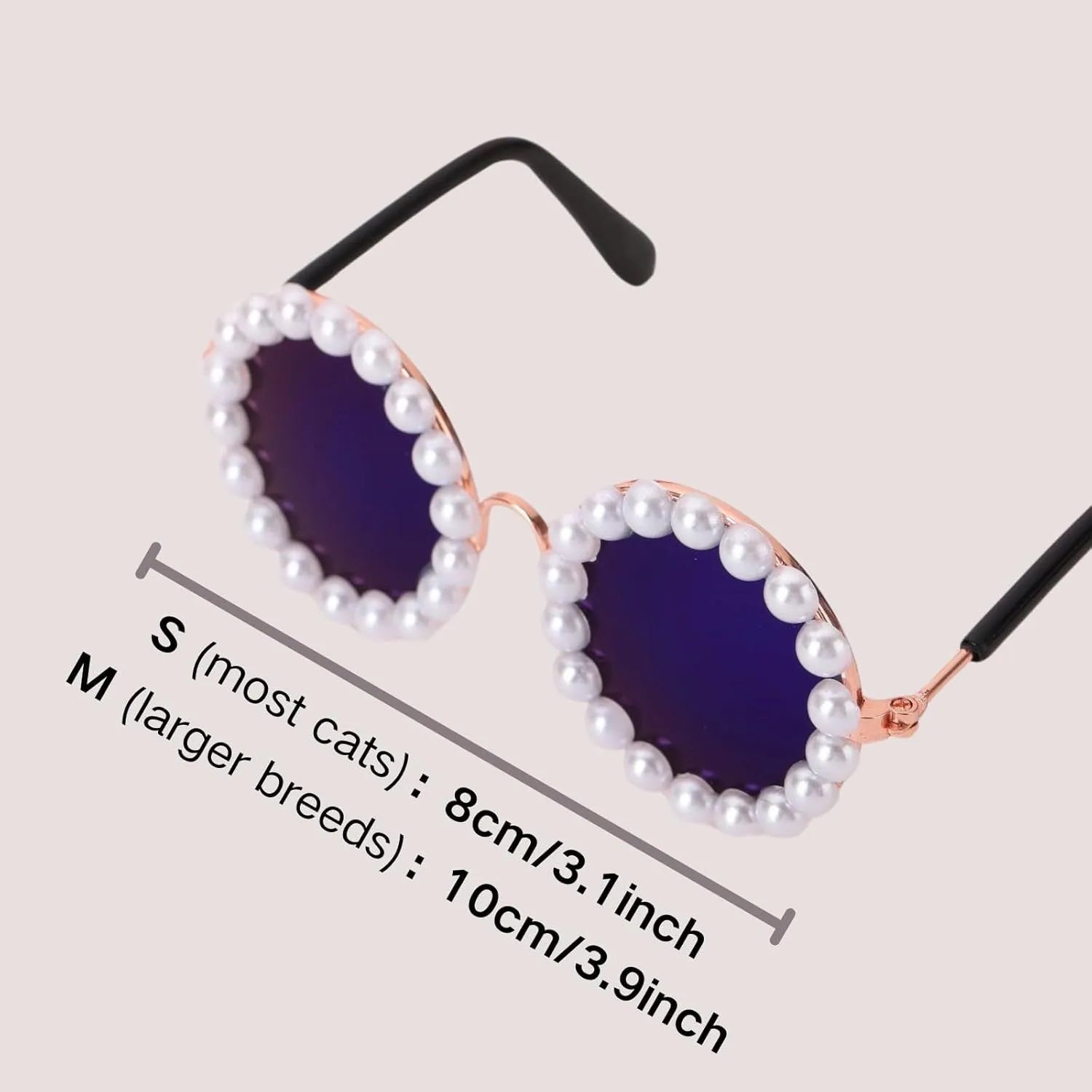 Pearl-rimmed round sunglasses for cats and dogs in multiple colours on a pink background.