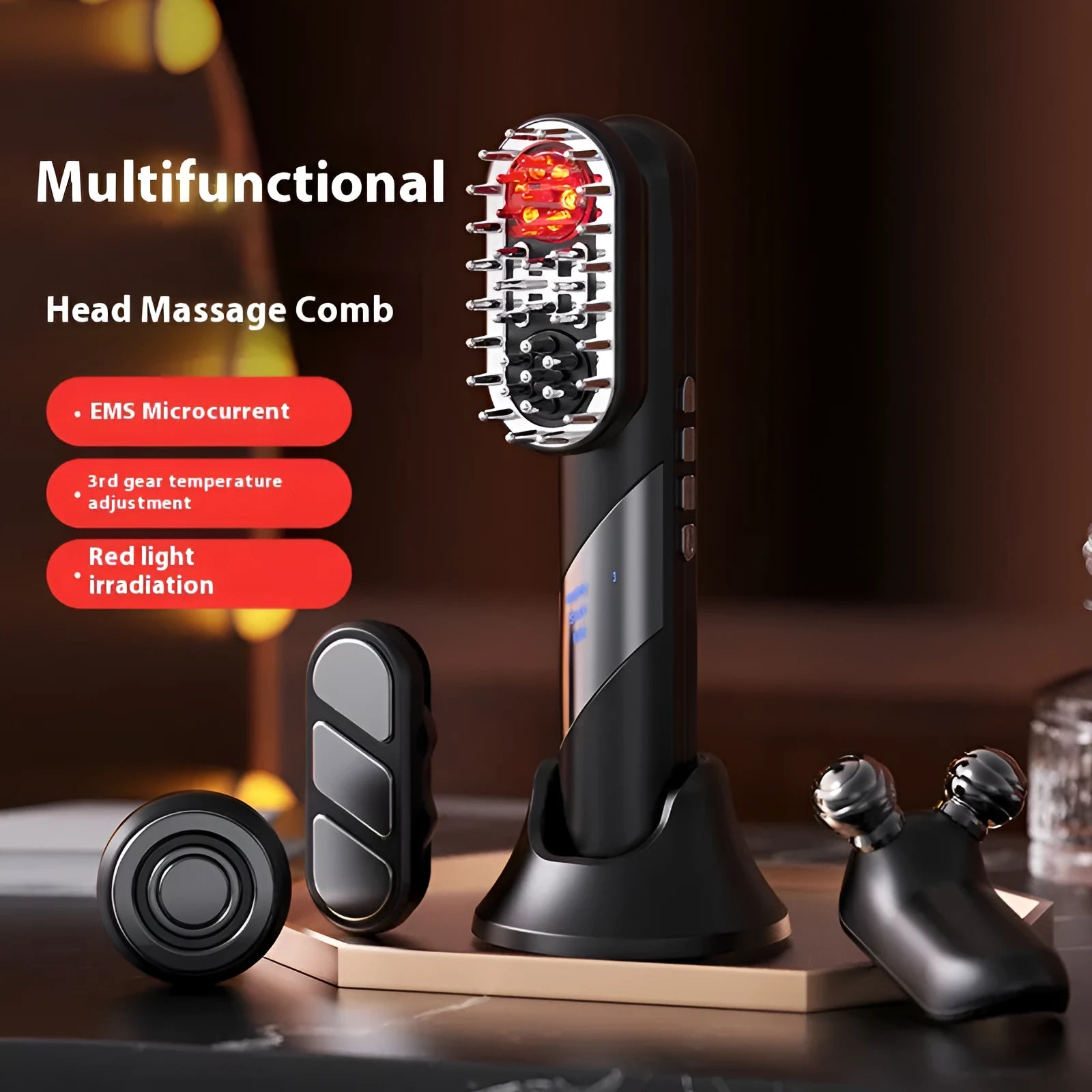 Four-in-one red light EMS massage comb for scalp soothing in black and pink, 7.5cm x 7cm x 21.5cm