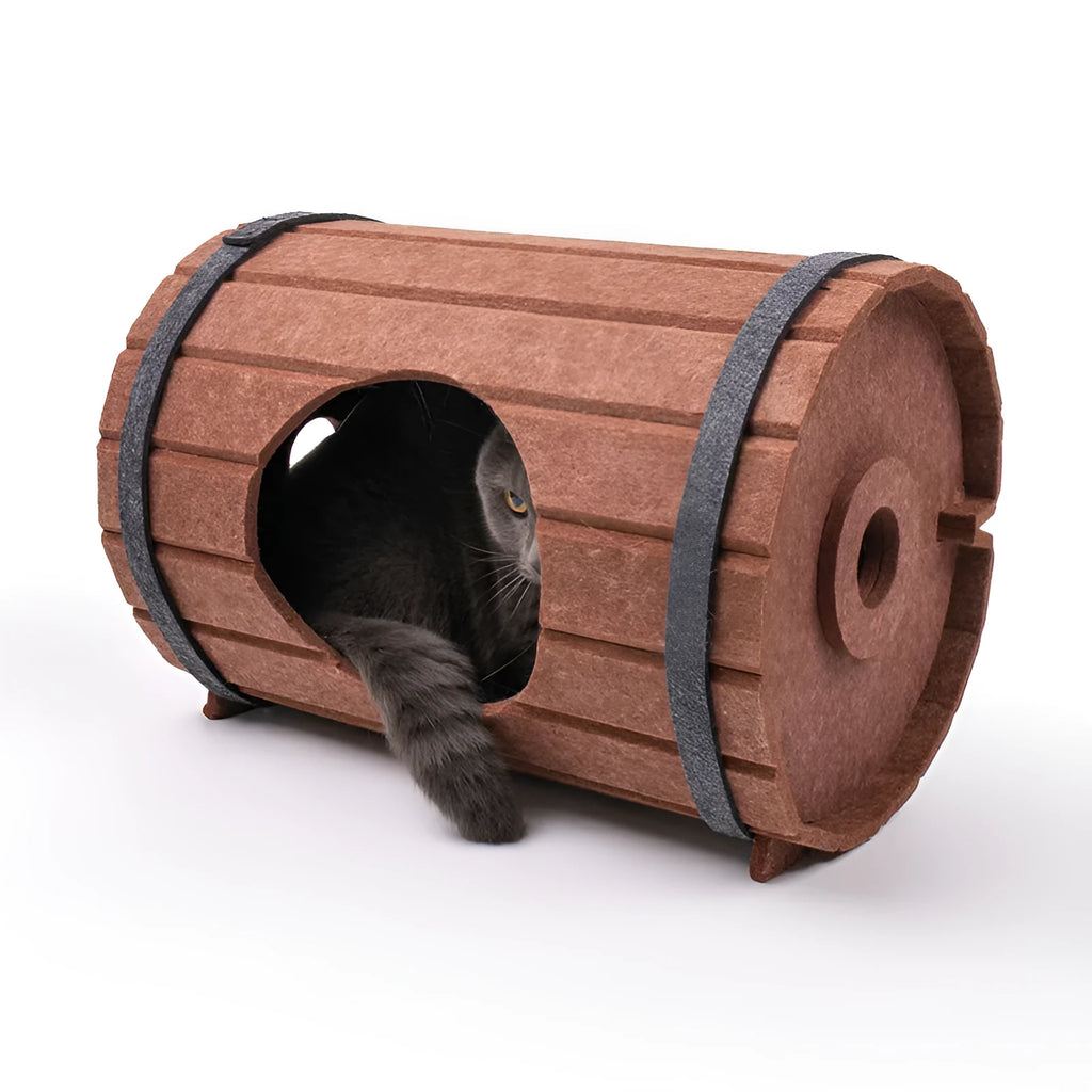 Assembled wine barrel pet bed made from polyester fibre felt for cats.