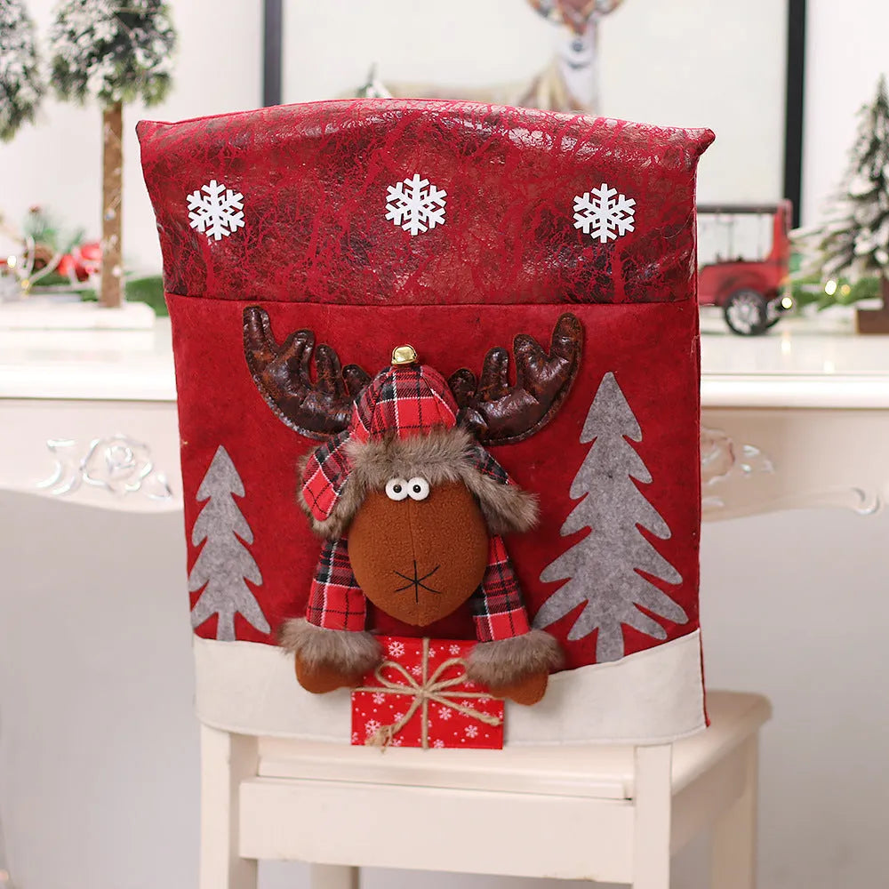 Three-dimensional cartoon chair cover set with Santa, snowman, and deer designs in cloth material
