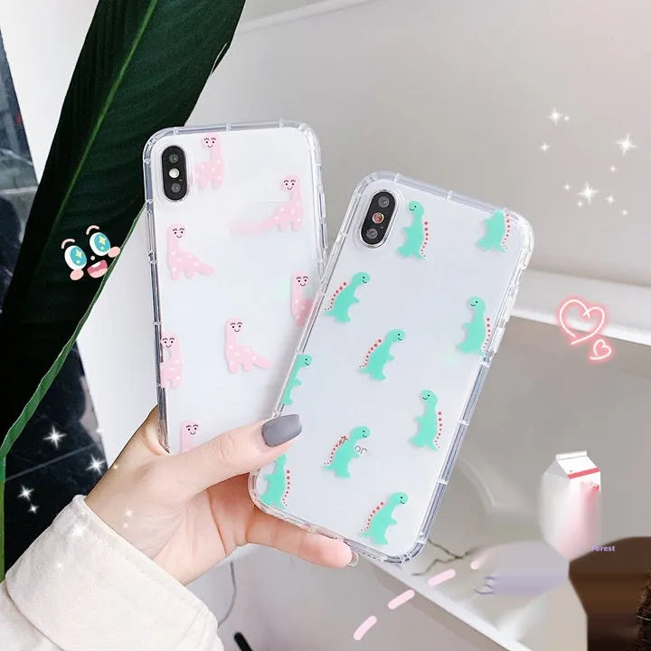 Cute cartoon little dinosaur silicone TPU phone case, drop-resistant back cover for iPhone, green colour with air cushion shell