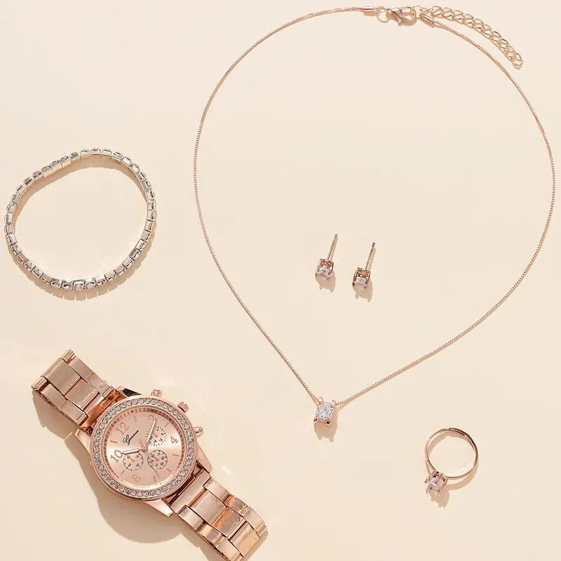 Women's casual quartz watch suit set with alloy case 36mm dial bracelet earrings necklace ring