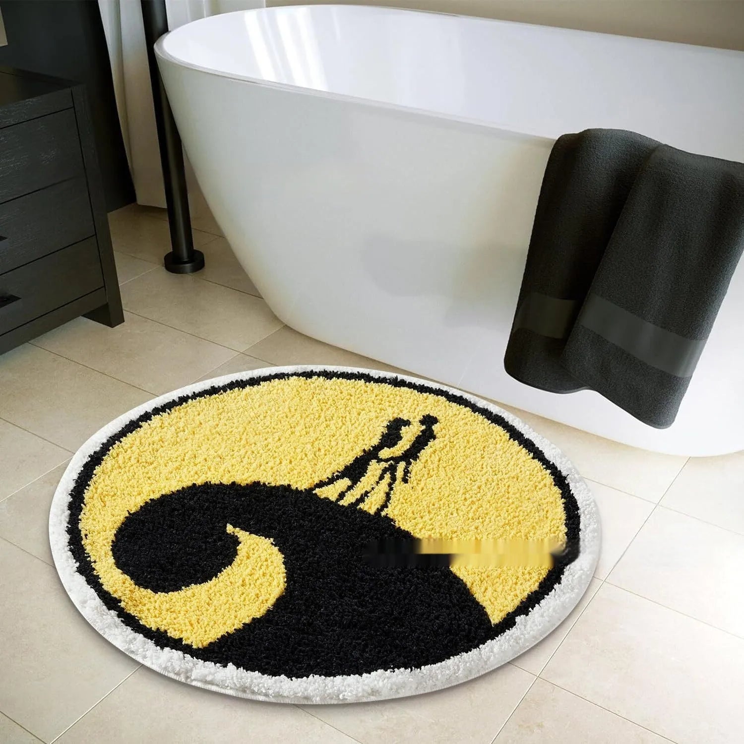 Christmas round pad design printed on a soft, square polyester fibre carpet.