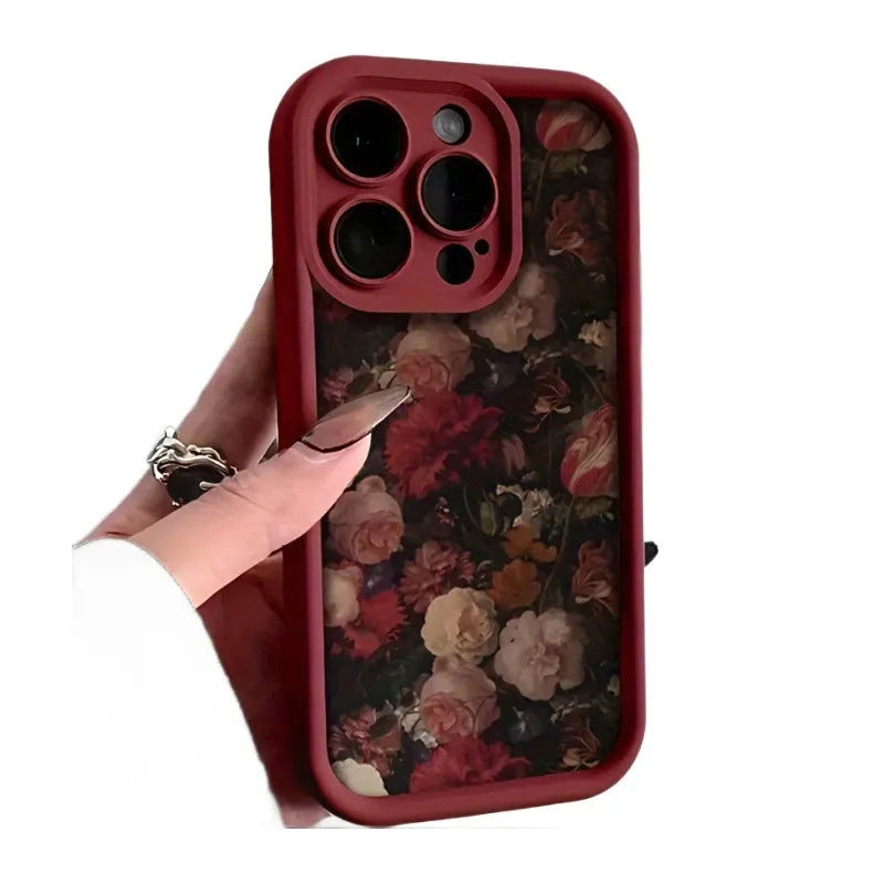 Rose bamboo ladder pattern TPU phone case in wine red for iPhone, showing full-screen edge and frosted back.