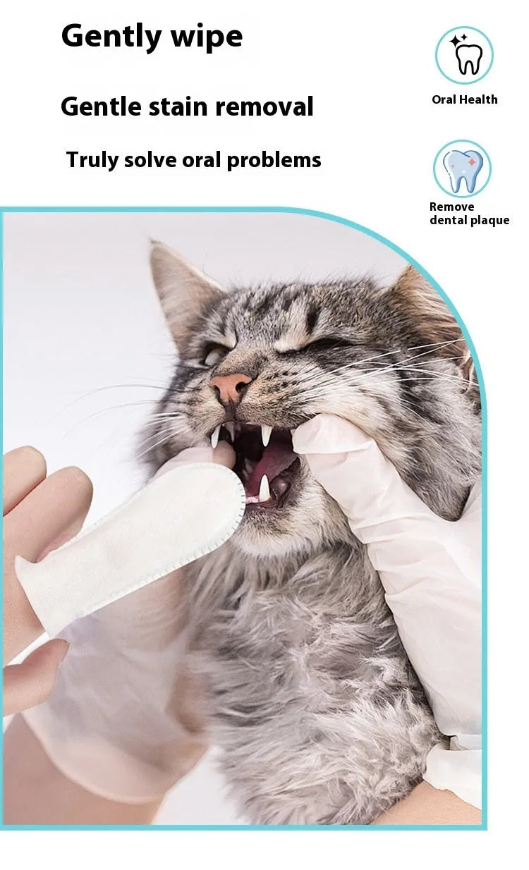 Pack of 50 white non-woven fabric pet dental cleaning finger cots for cats and dogs.
