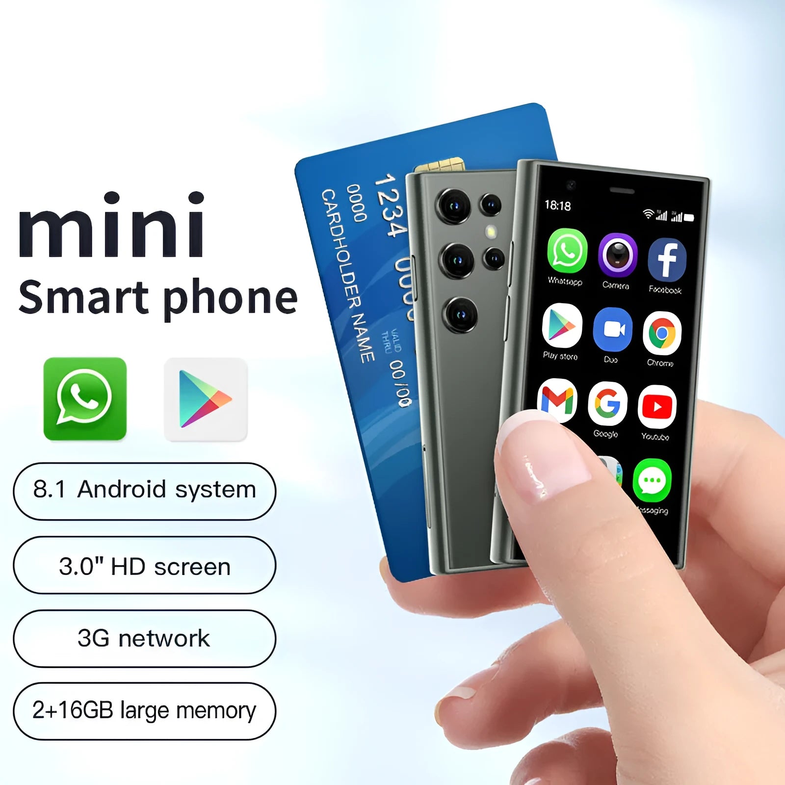 Black mini Android smartphone with 30cm screen showing home screen interface
