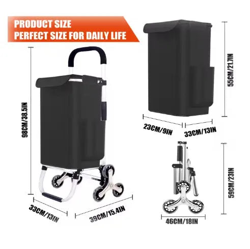 Black foldable shopping trolley bag with aluminium frame and 20cm casters
