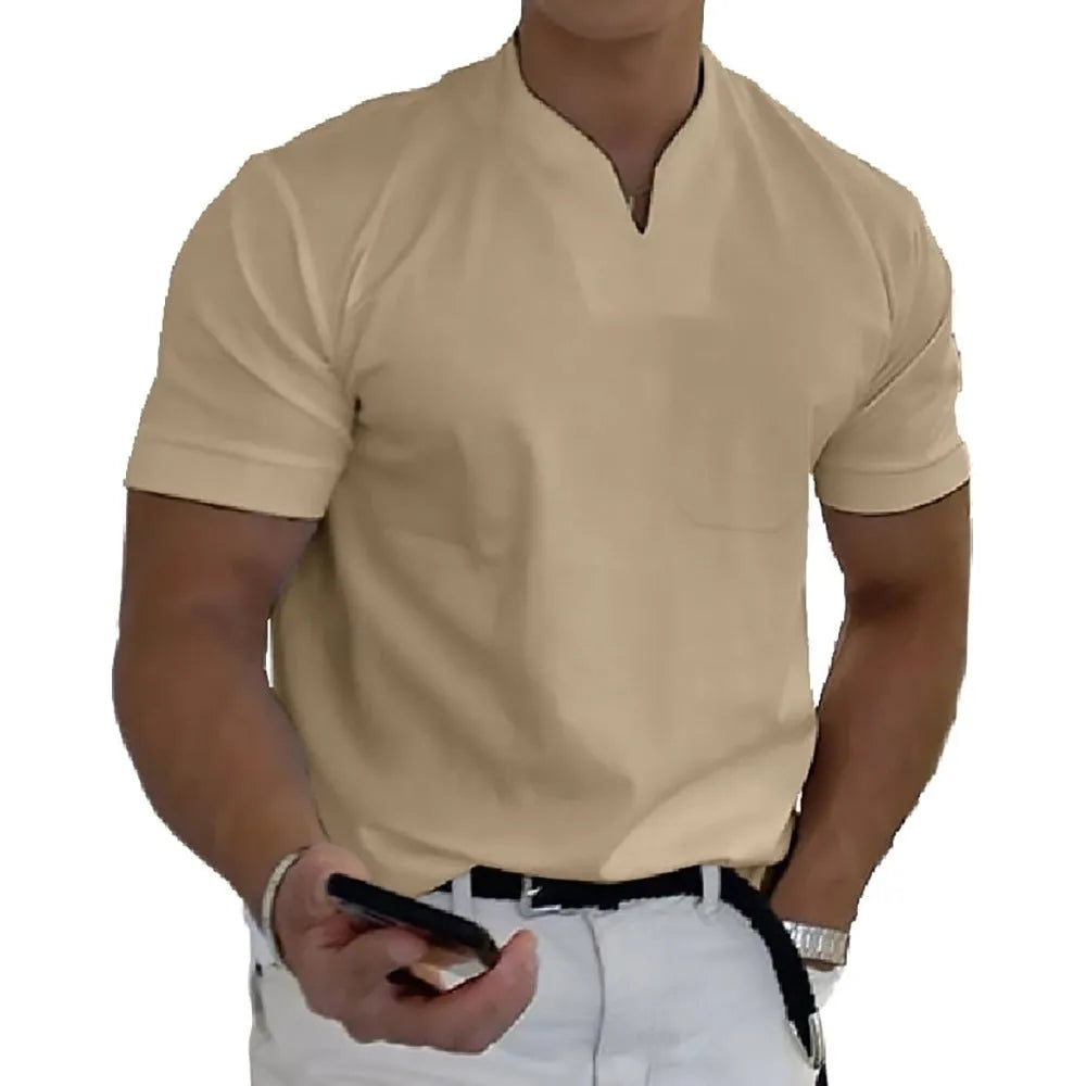 Men's summer short sleeve shirt with pocket in light grey, loose stand collar fit with plain pattern, plus size S-5XL
