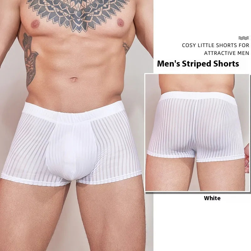 Men's striped underwear in thin transparent nylon fabric, shown in black, dark grey, and white colours.