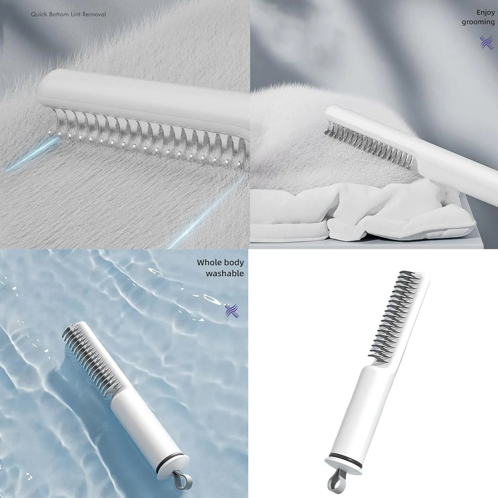 Pink and white pet dematting combs with stainless steel teeth on a wooden surface