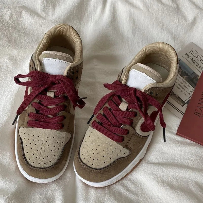 Brown women's casual sneakers with big head bread design, mid heel, round toe, and front lace-up fastening
