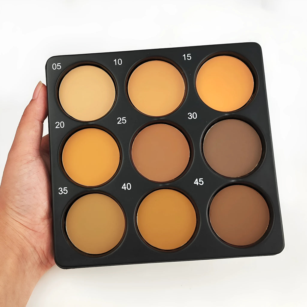 Makeup palette with nine dark matte eyeshadows and a repair disk.