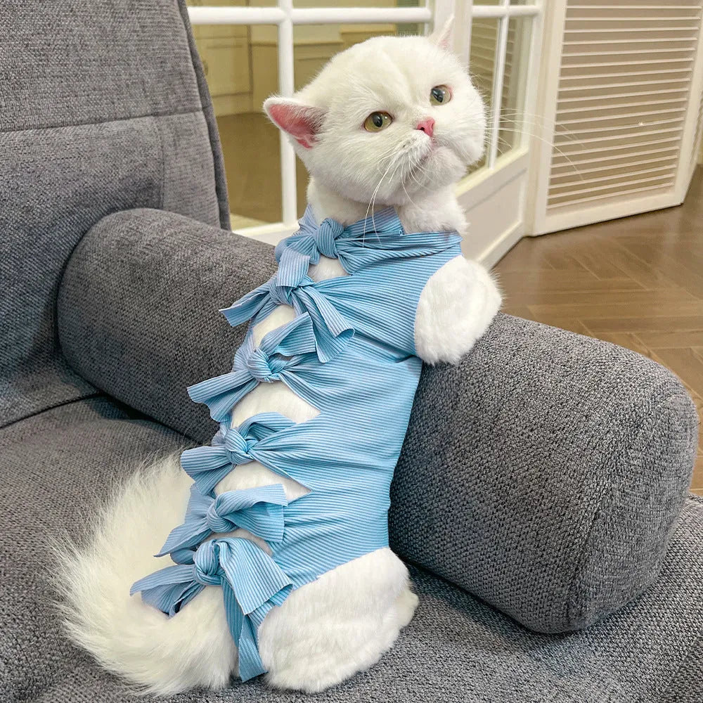 Lace-up cat sterilization clothing in polyester for post-operation recovery, shown in multiple colour options
