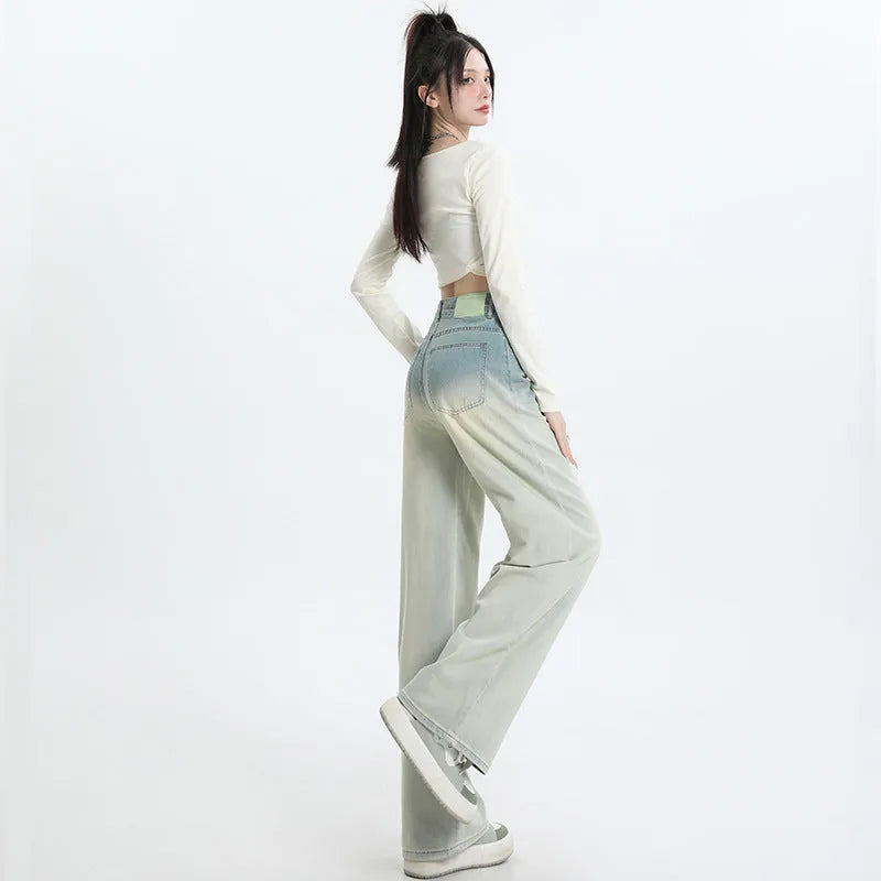 Gradient blue straight-leg denim trousers for women with wide leg design