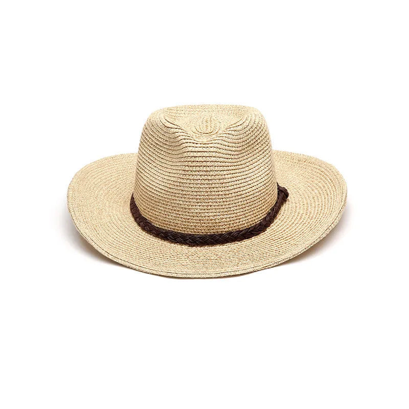 Men's foldable straw sun hat with wide brim in mixed beige colour showing size options