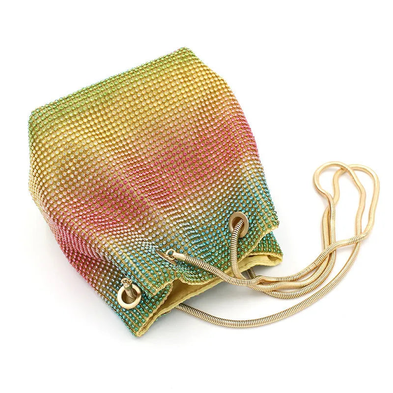 Rainbow rhinestone bucket handbag with glittering multicolour sparkle and crossbody strap