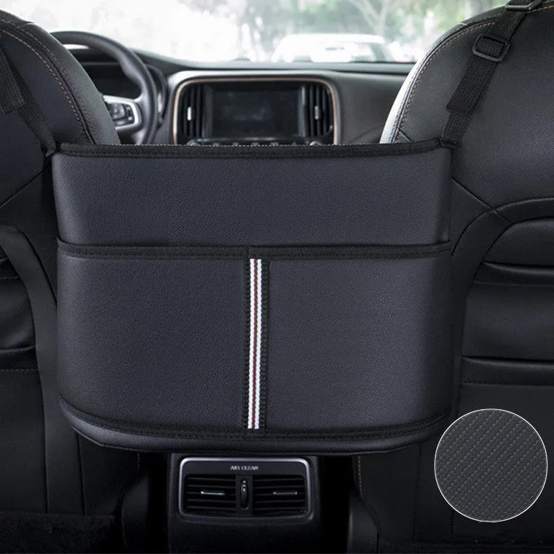 Leather car seat storage bag with carbon fibre pattern black finish showing 38x24x15cm dimensions