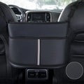 Leather car seat storage bag with carbon fibre pattern black finish showing 38x24x15cm dimensions