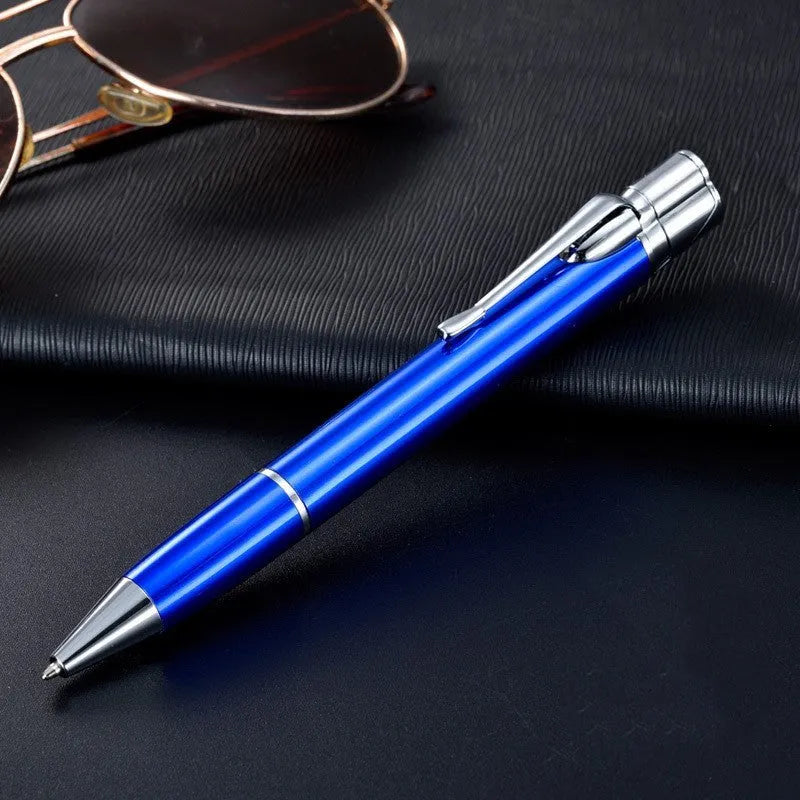 Windproof metal jet pen lighter in assorted colours showing slim refillable design