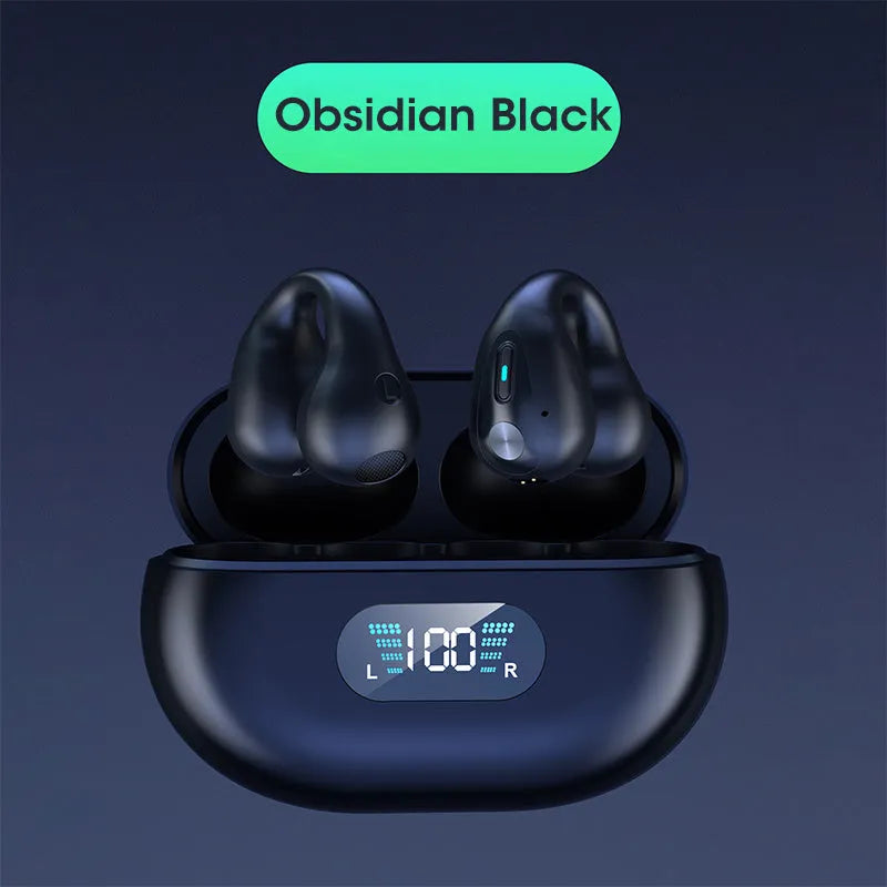 Clip-on bone conduction Bluetooth headset in black, white, or khaki colour with charging cable.