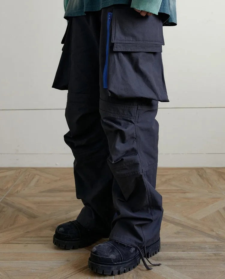 Multi-pocket contrast zip casual baggy pants in Dark Grey cotton, loose fit and mid-waist design
