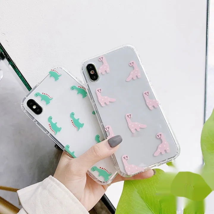 Cute cartoon little dinosaur silicone TPU phone case, drop-resistant back cover for iPhone, green colour with air cushion shell