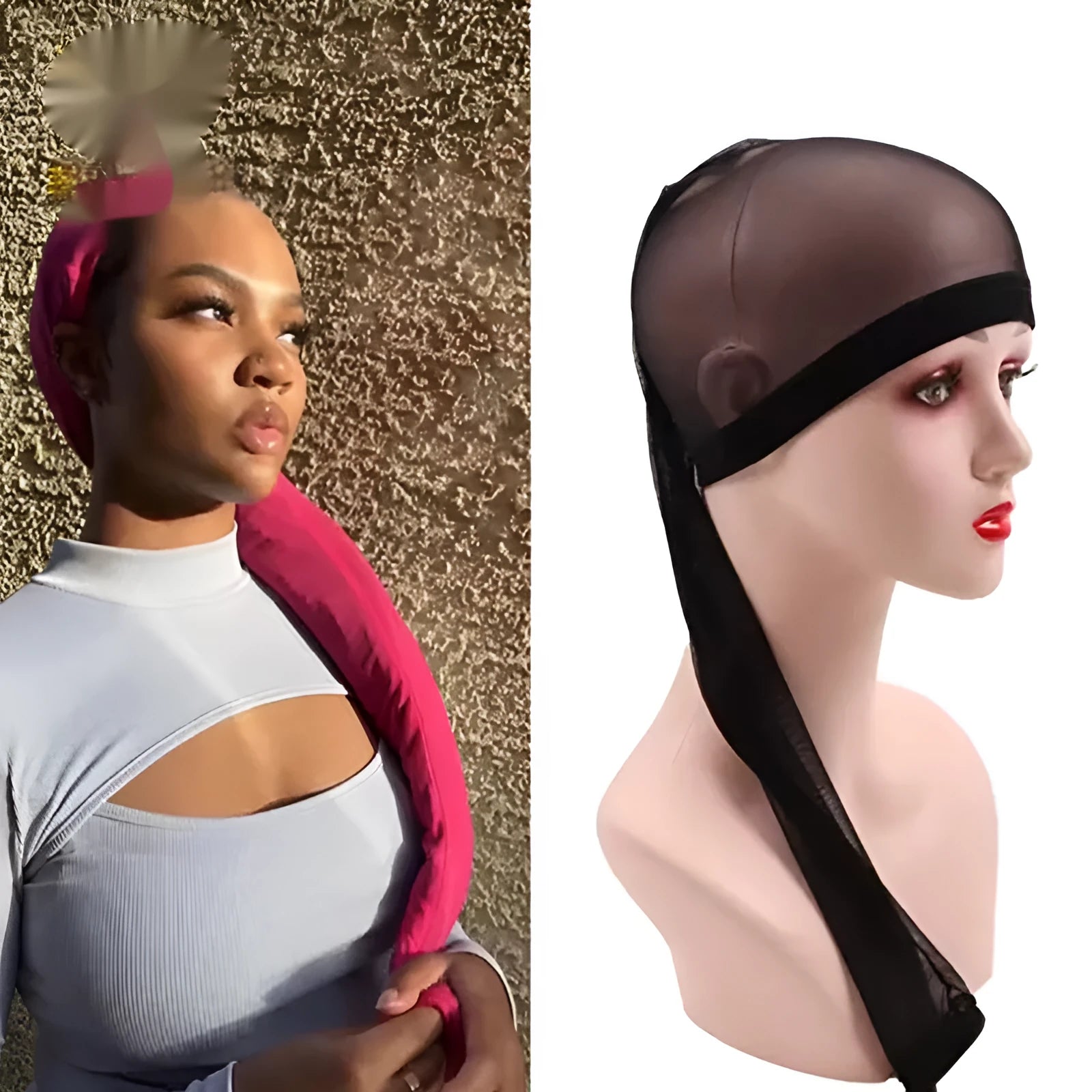 Breathable spandex mesh wig cap shown in multiple colour options including black, brown, leopard, and pastels.