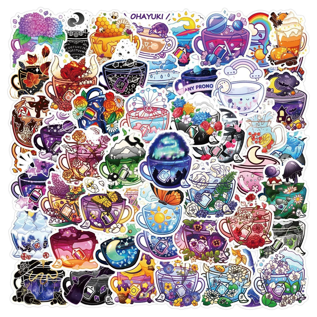 Pack of 50 colourful tea cup graffiti stickers in a Nordic style for waterproof DIY decoration.
