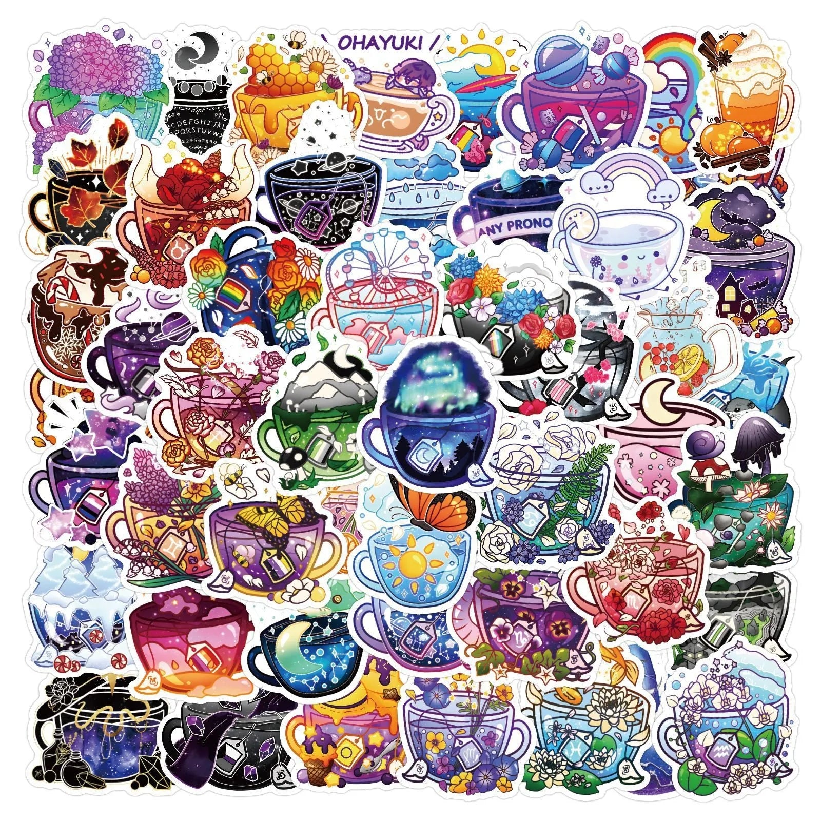 Pack of 50 colourful tea cup graffiti stickers in a Nordic style for waterproof DIY decoration.