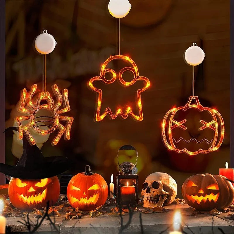 Halloween window hanging LED lights set with spider, pumpkin and ghost designs