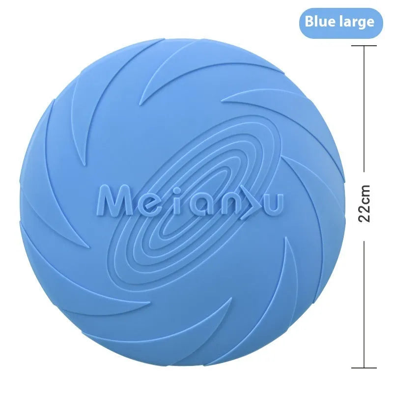 Soft rubber dog frisbee flying disc toy in red, blue, and green colours showing small, medium, and large sizes