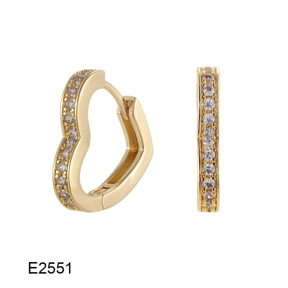 Copper heart-shaped ear clip earrings with gold electroplating and zircon stone accents